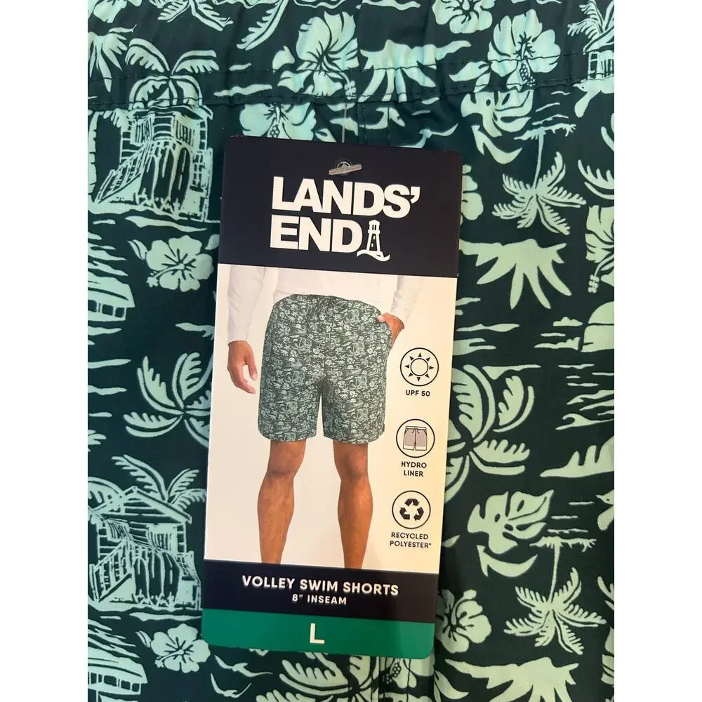 LANDS END Sz L Green Volley Swim Shorts dark green Tropical Liner Beach Vacation